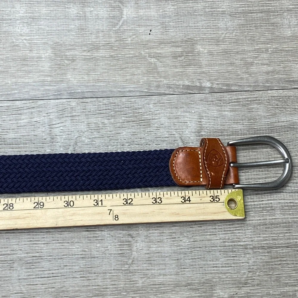 Ariat Belt Braided‎ Stretch Mens Medium Navy Blue Leather Trim Equestrian Casual